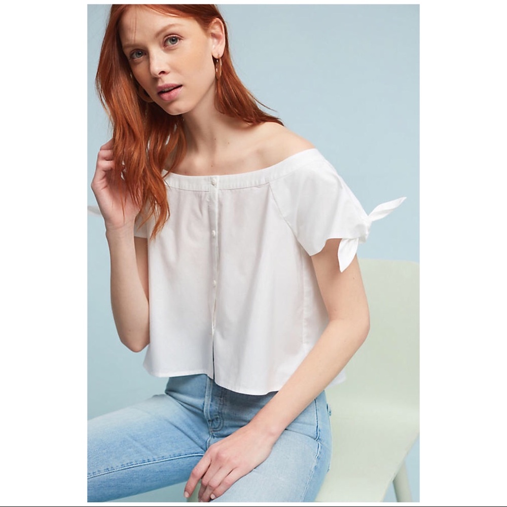 COREY LYNN CALTER Tie-Sleeve Poplin Off-Shoulder Top